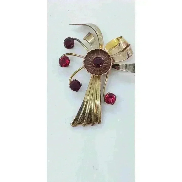 RARE Vintage Harry Iskin 12K Gold Filled Cherry Red Rhinestone Flower Brooch 40s - Picture 3 of 12